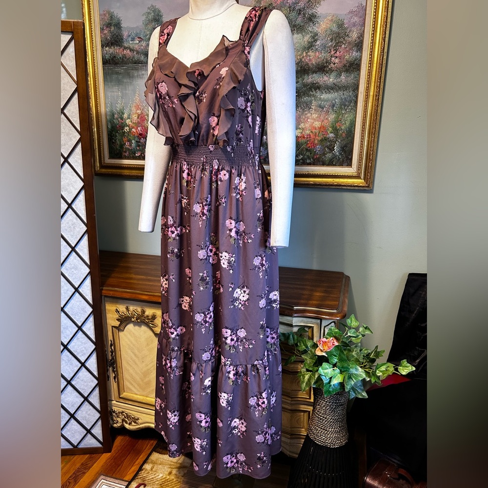 Lauren Conrad Long Pink Plum Purple Floral Chiffon Ruffle Sleeveless Maxi  Dress - Picture 7 of 9